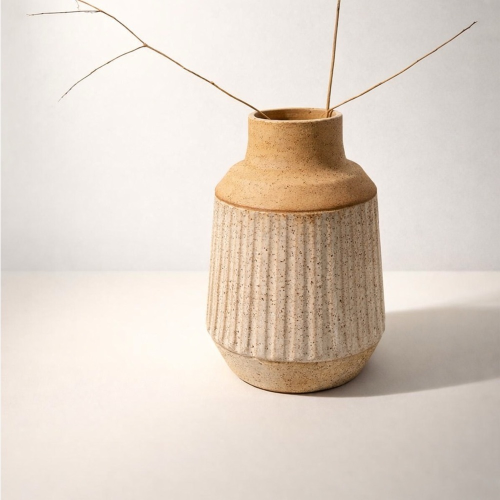 Vintage Tan and Cream Ribbed Ceramic Vase